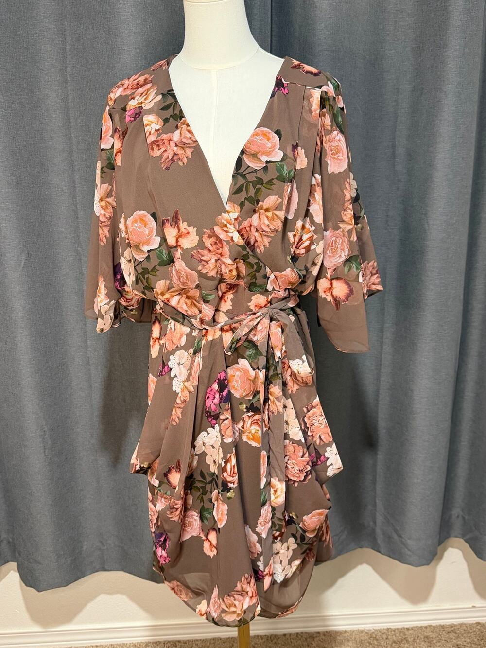 City Chic Size 16 Floral Wrap Midi Dress Sheer Sleeves